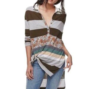 Free People XS Striped Button-Up polo Henley Tunic Top With Floral Patchwork NWT